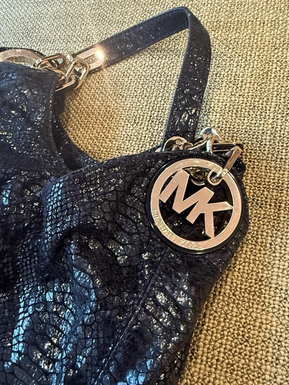 *Michael Kors Black Glossy Shimmery Snakeskin-Texture Shoulder Bag - Picture 3 of 11